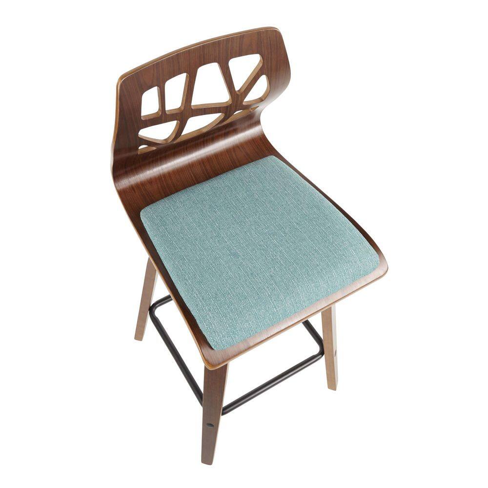 Folia Teal Upholstered Swivel Counter Height Barstools with Walnut Frame, Set of 2