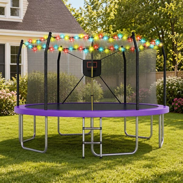 SUNRINX 14 ft. Purple Outdoor Trampoline with LED Lights