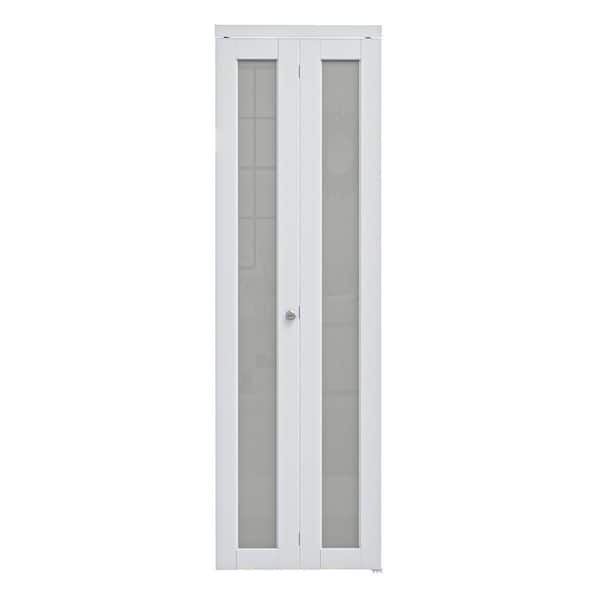 24 in. x 80 in. 1-Lite Frosted Glass Solid Core MDF White Finished Closet Bi-fold Door with Hareware