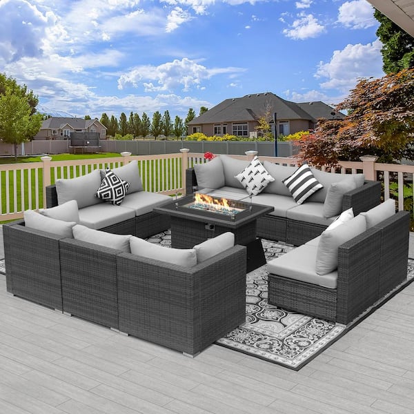 FINCATI Eden Gray 10-Seat 11-Piece Wicker Patio Fire Pit Deep Seating Sofa Set with Light Gray Cushions and 43 in. Firepit Table