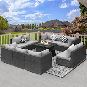 Eden Gray 10-Seat 11-Piece Wicker Patio Fire Pit Deep Seating Sofa Set with Light Gray Cushions and 43 in. Firepit Table
