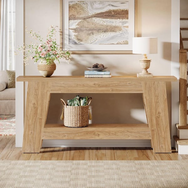 BYBLIGHT Turrella 70.9 in. Rectangle Brown Wood Farmhouse Behind Sofa Entryway Couch Wall Console Table Home Office 2 Shelves