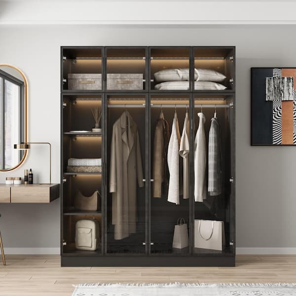FUFU&GAGA Black Wood 59.1 in. W Tempered Glass Doors Wardrobe