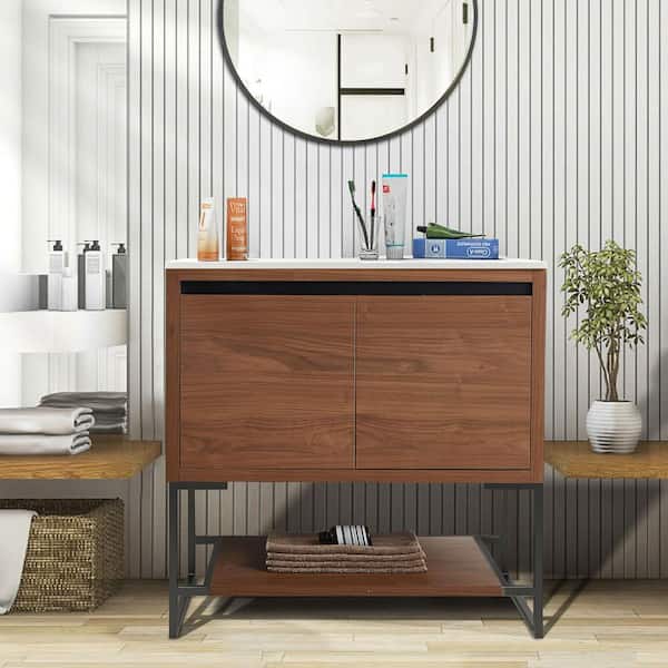 FUNKOL 32 in. W x 18 in. D x 35 in. H Bath Vanity in Brown with White Ceramic Top