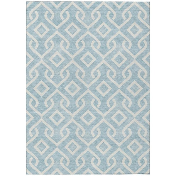 HomeRoots Sky Blue, Ivory 9 ft. x 12 ft. Woven Geometric Polyester Rectangle Indoor/Outdoor Area Rug