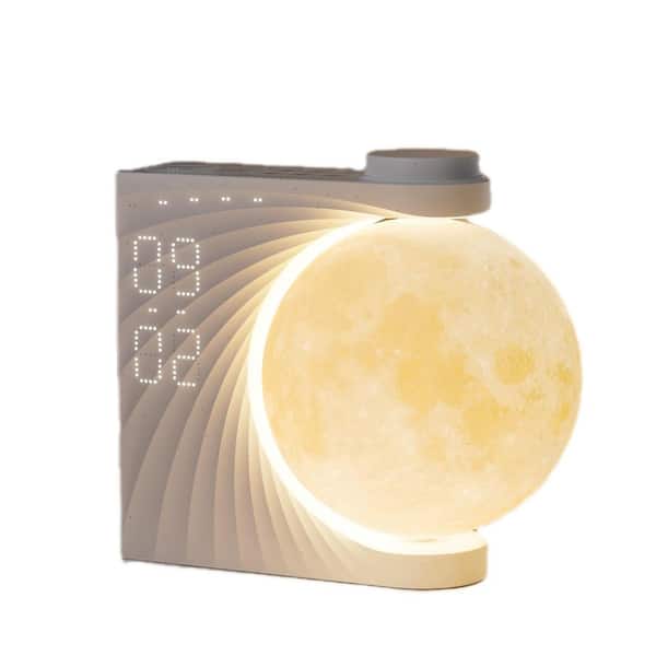 White Moon Night Light Clocks with 10-Light Effects, 15-Ringtones, 30/60/90-Timer for Heavy Sleepers