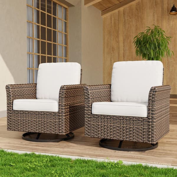 Wicker Patio Outdoor Rocking Chair Swivel Chair with Beige Cushions (2 pack)