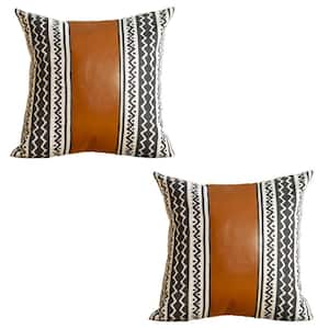 Brown Boho Handcrafted Vegan Faux Leather Square Abstract Geometric 17 in. x 17 in. Throw Pillow Cover (Set of 2)