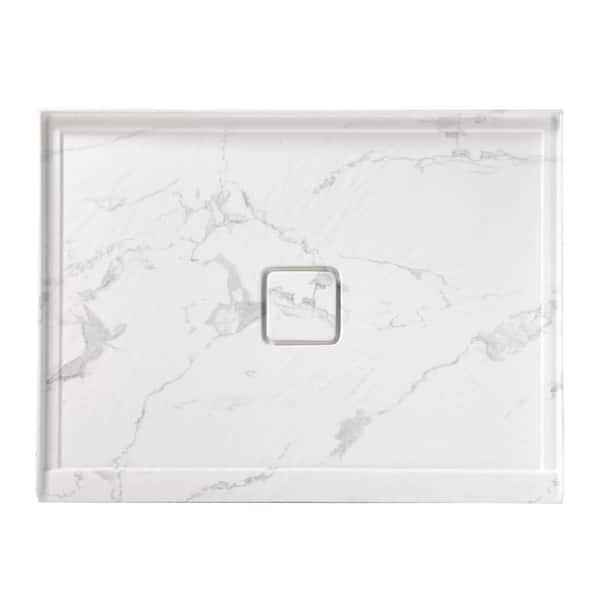 60 in. L x 36 in. W Rectangle White Marble Pattern Alcove Acrylic Bathroom Shower Pan Base with Center Hand Drain