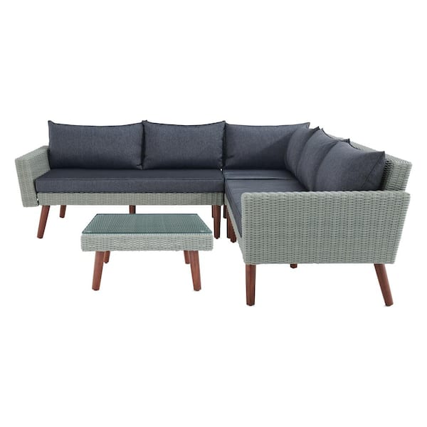 Alaterre Furniture Albany All-Weather Wicker Outdoor Gray Corner Sectional Sofa with 29 in. Square Coffee Table Set