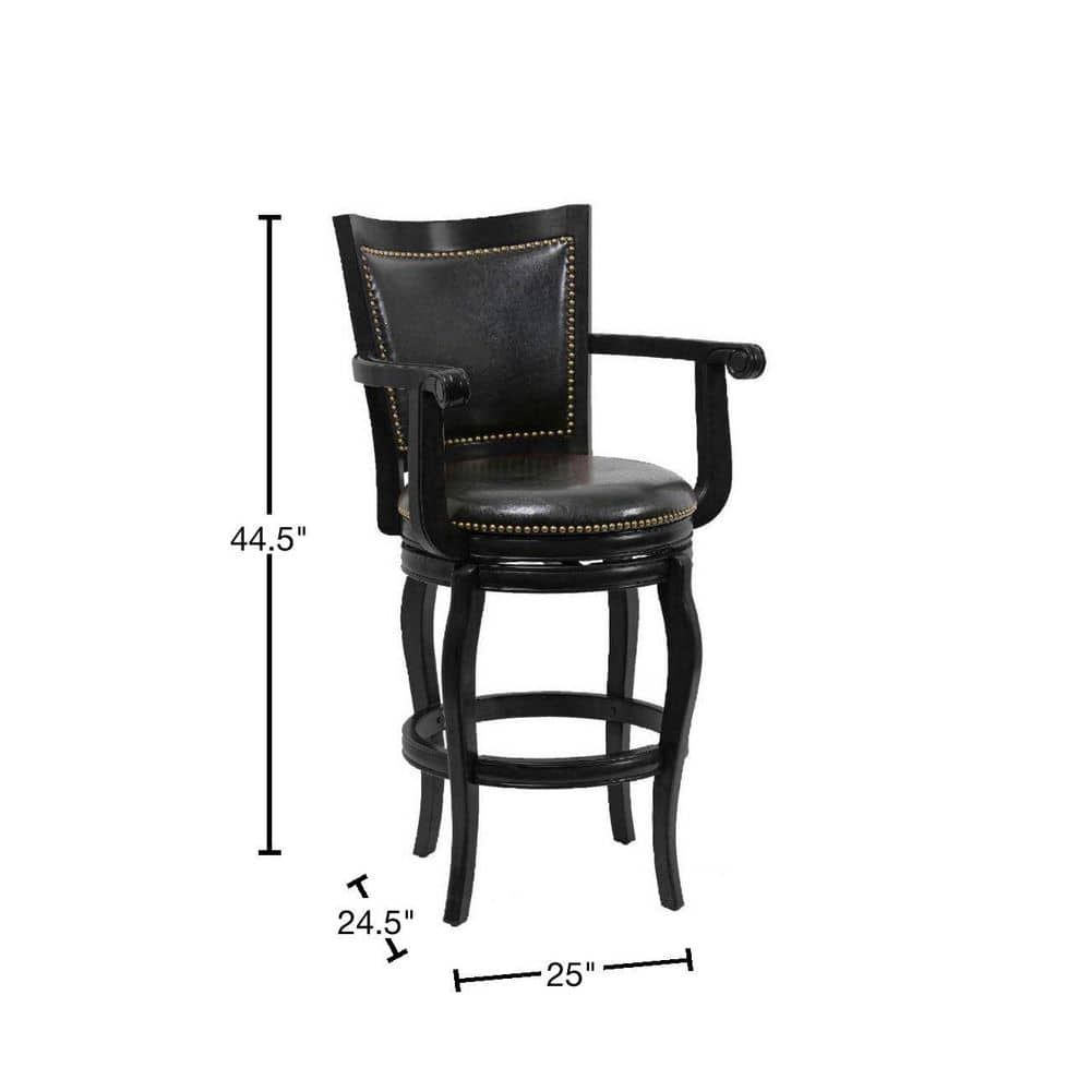 Hugo 29" Adjustable Swivel Barstool with Wood Arms in Black Leather