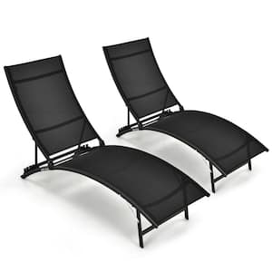 Black Outdoor Patio Folding and Stackable Lounge Chair with 5-Position Adjustment (Set of 2)