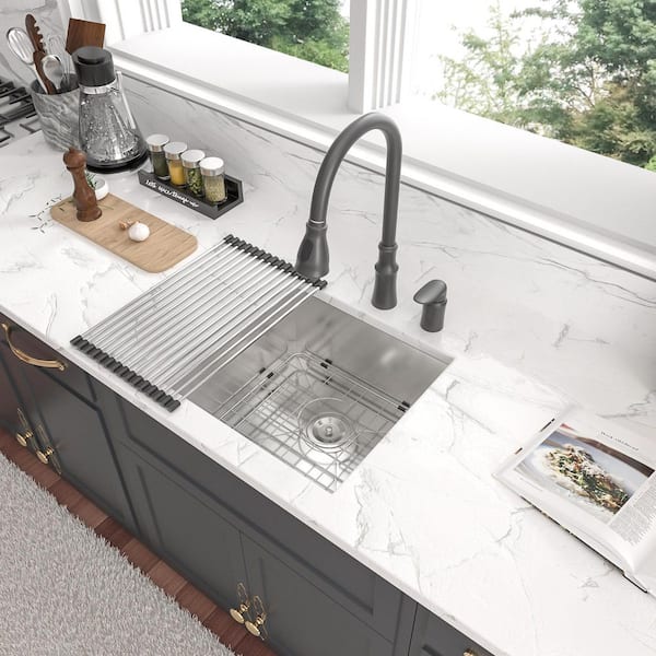 19 in. Undermount Single Bowl 18-Gauge Brushed Nickel Stainless Steel Kitchen Bar Sink with Strainer