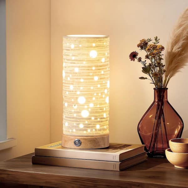 11 in. White Hollow Ceramic 3-Color Temperature Table Lamp, 9-Watt LED Bulb Included