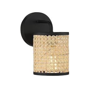 Jaylar 5 in. W x 9 in. H 1-Light Matte Black Wall Sconce with Woven Cane Shade