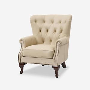 Eberhard Beige Genuine Leather Arm Chair with Nailhead Trims and Removable Cushion