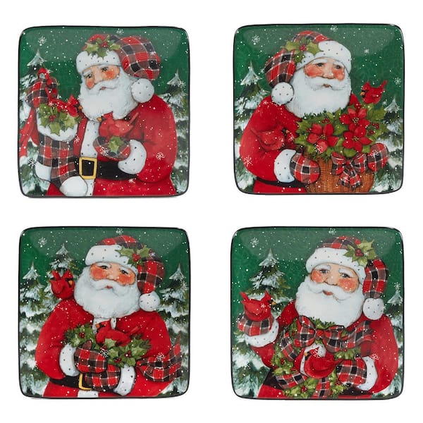Certified International Christmas Lodge Santa Multi-Colored Canape Plates Set of 4