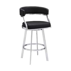 Romilly Contemporary 26 in. Counter Height in Brushed Stainless Steel Finish and Black Faux Leather Bar Stool