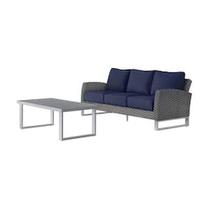 Gray 2-Piece Metal Patio Conversation Set with Blue Cushions