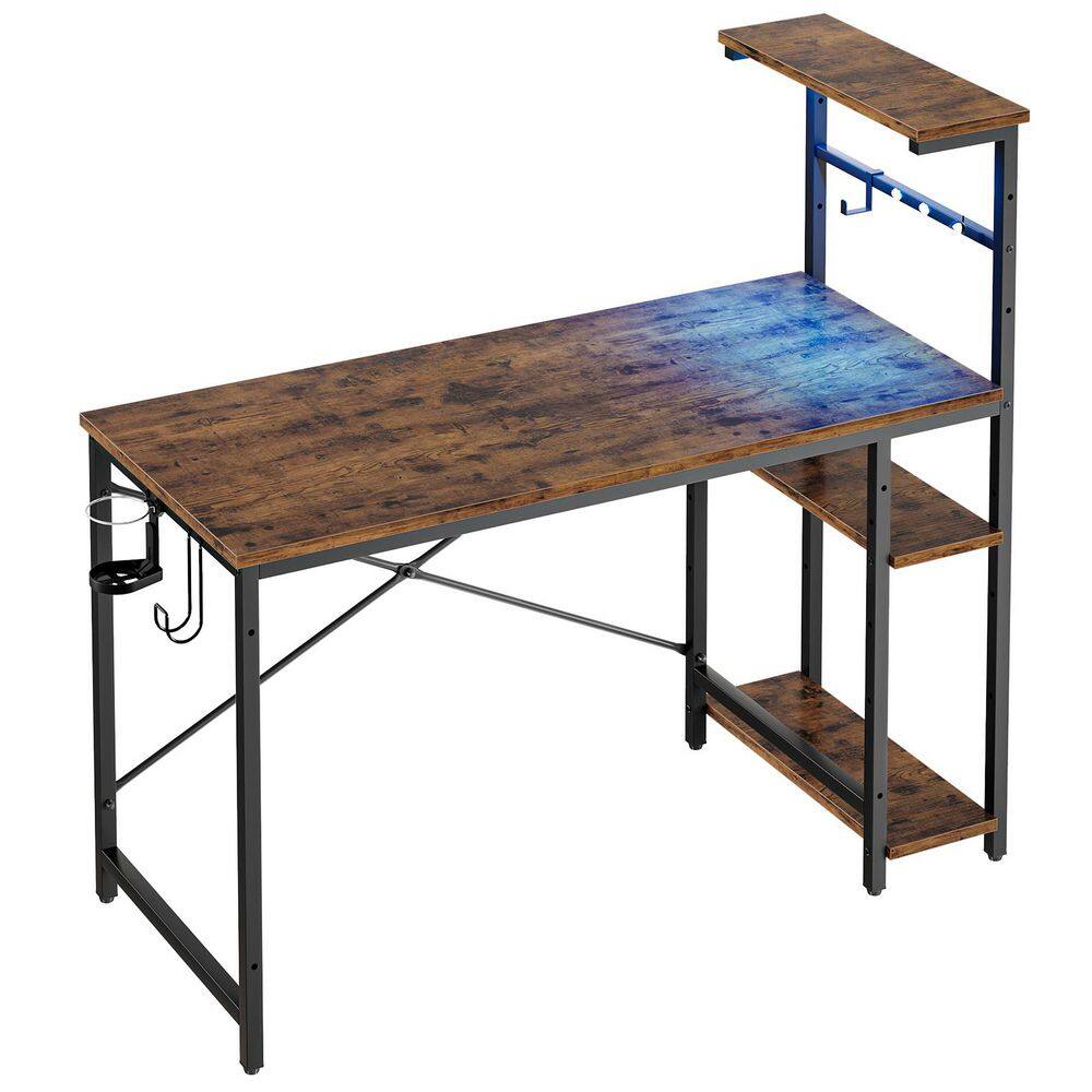 44 in. Rectangular Rustic Brown Computer Desk with 4 Tier Storage Shelves and Hook，Home Office Desk with LED Lights