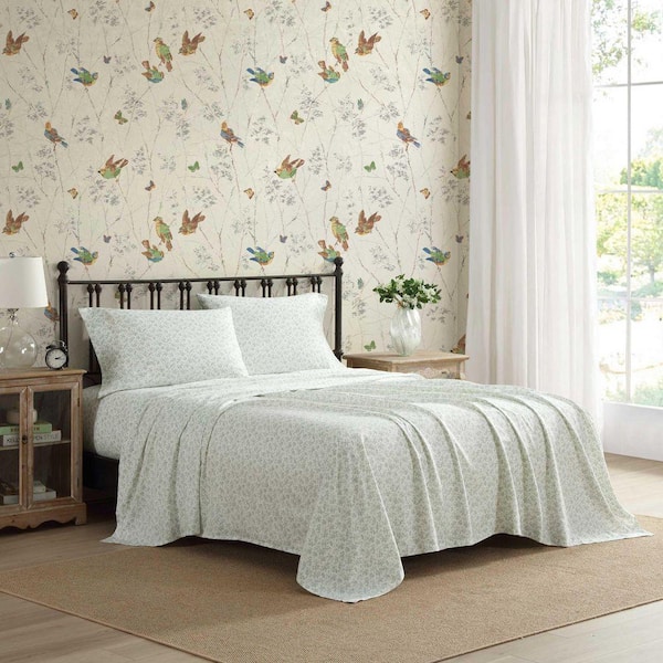 LAURA ASHLEY 花柄シートパッド 4個セット　未使用 Laura Ashley Floral Toile 4-Piece Sage Green Cotton Sateen Full