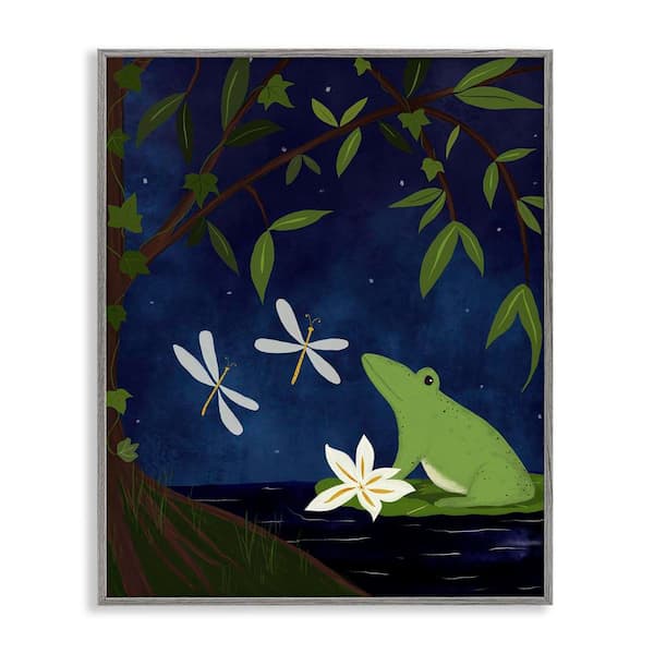 Stupell Industries Frog in Night Forest by Michelle Ingari Designs Gray Framed Animal Giclee Art Print 14 in. x 11 in.