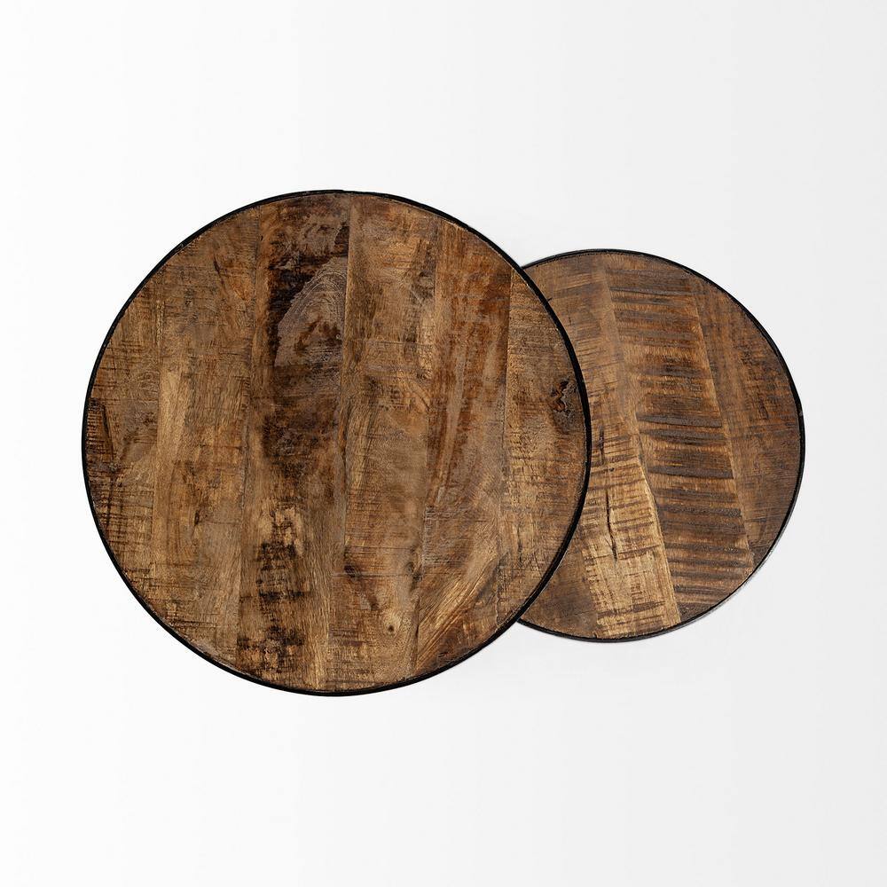Medium Brown Round Mango Wood and Black Iron Nesting Accent Tables Set