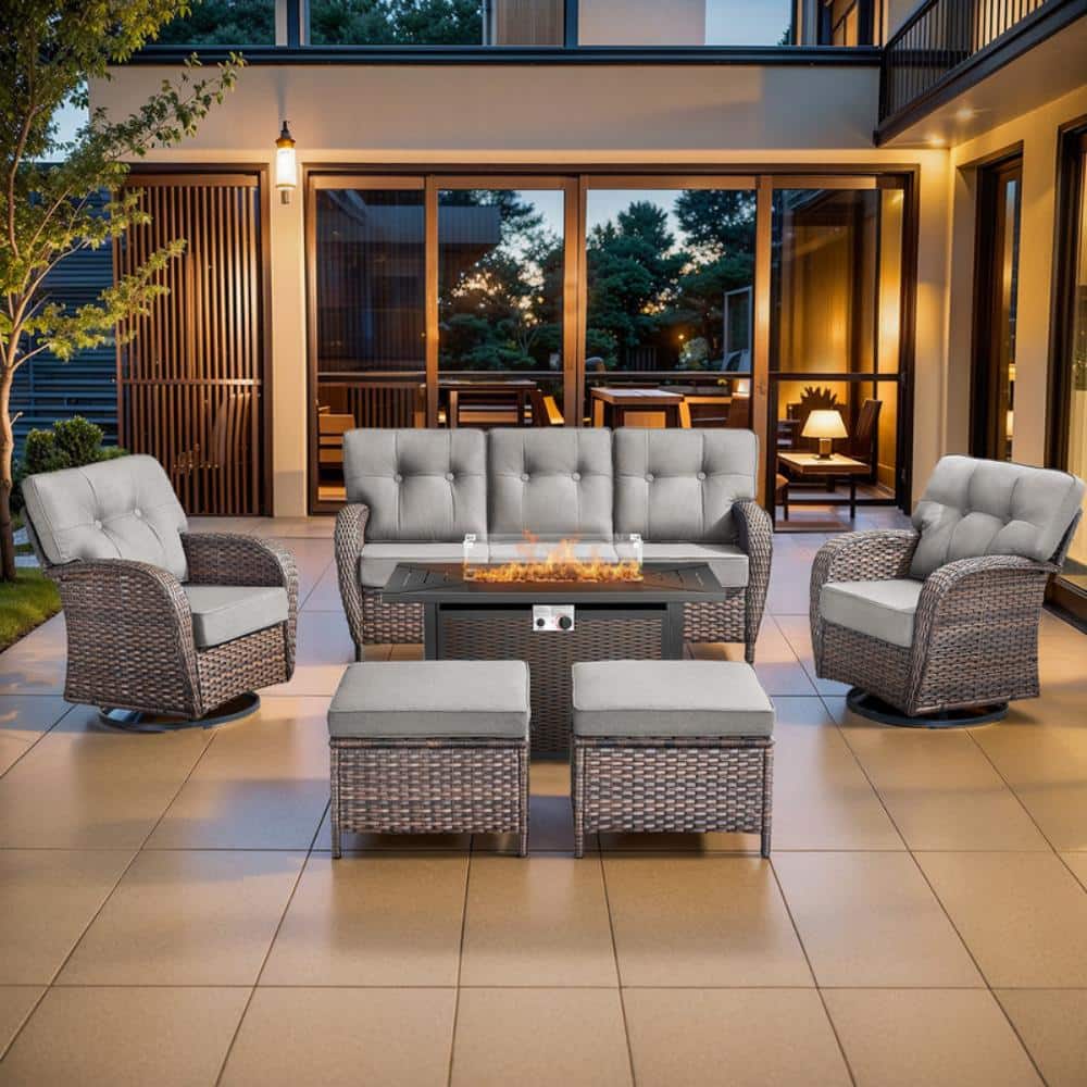 Tidalis 6-Piece Wicker Patio Conversation Set Outdoor Rattan Sofa Set with 43 in. Fire Pit Table Gray Cushions price history on PriceWatchPro