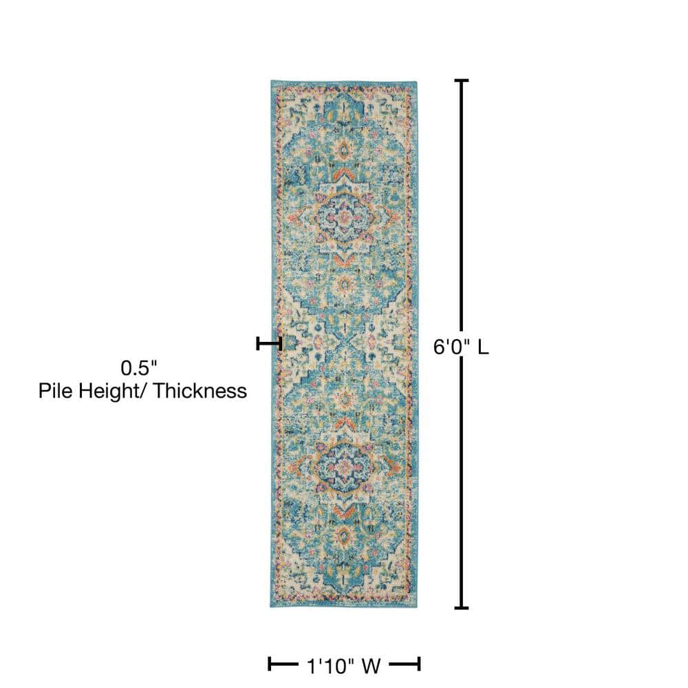 Ivory and Light Blue Floral Synthetic Runner Rug