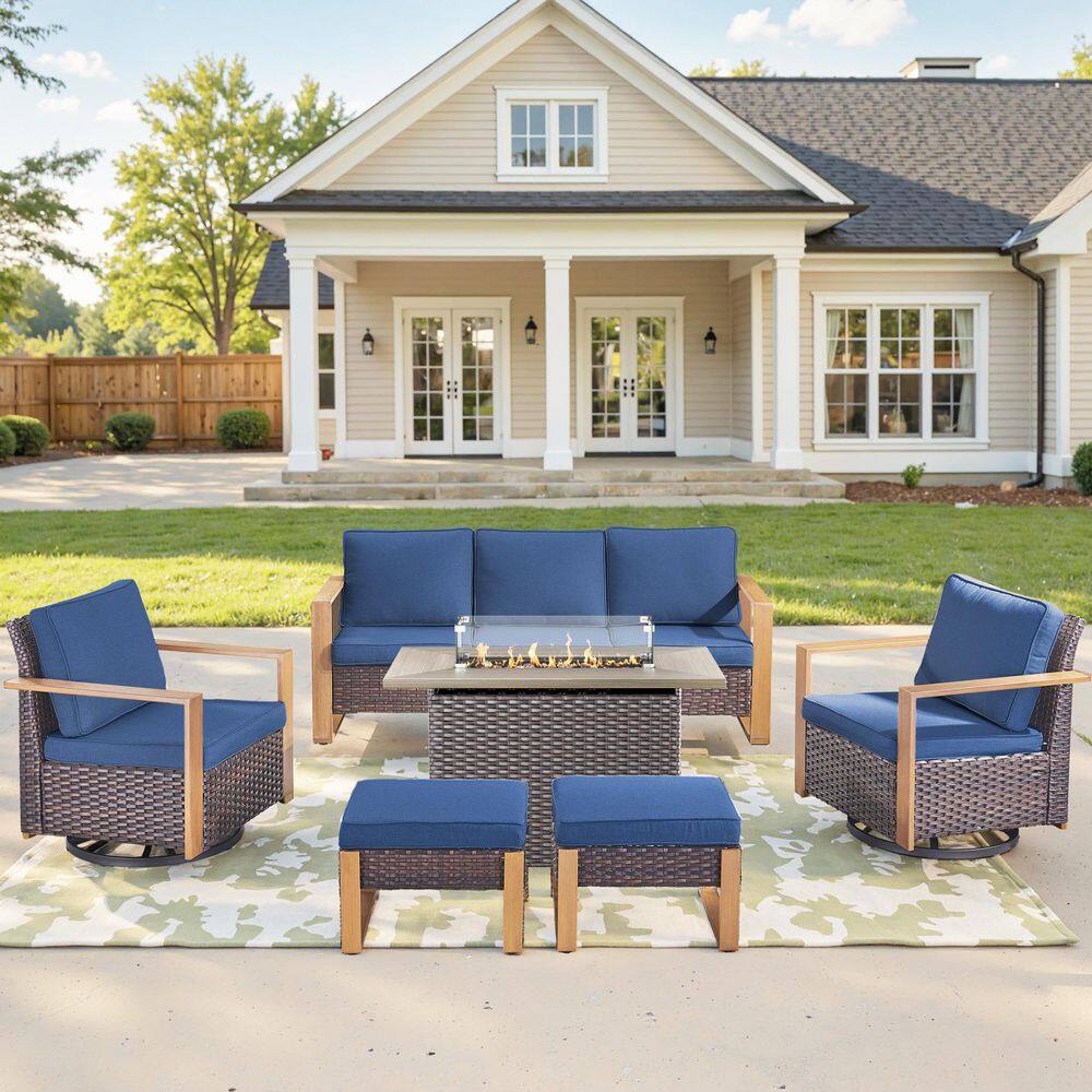 Kove Brown 6-Piece Wicker Patio Conversation Fire Pit Seating Set with Blue Cushions, Swivel Glider and Ottomans price history on PriceWatchPro