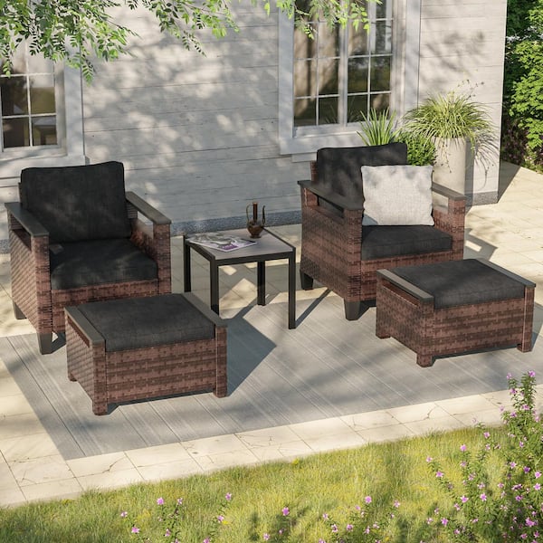 JOYESERY 5-Pieces Patio Conversation Set with Side Table and Ottomans All-Weather Brown PE Wicker Black Cushion