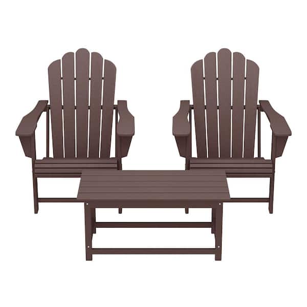 Aderson Dark Brown 3-Piece All Weather HDPE Plastic Outdoor Adirondack Chairs Patio Conversation Set with Coffee Table