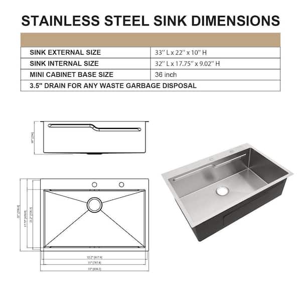 Sarlai 33 in. Drop-In/Topmount Single Bowl 16-Gauge Stainless