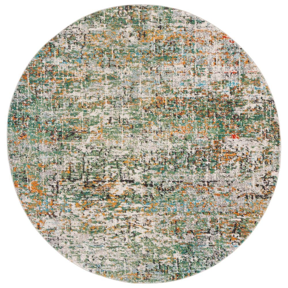 Gray and Green Round Synthetic Flat Woven Area Rug