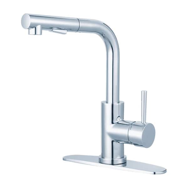 Kingston Brass Concord Single-Handle Deck Mount Gooseneck Pull Out Sprayer Kitchen Faucet with Deck Plate Included in Polished Chrome