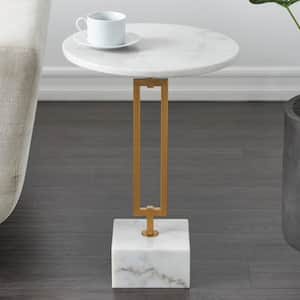 16 in. White Geometric Large Round Marble End Table with Gold Metal Rectangular Stand