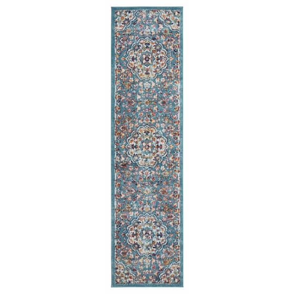 Amer Rugs Alexandria 2 ft. 6 in. x 10 ft. 3 in. Sea Blue Medallion Pattern Runner Rug for High Traffic Entryway Kitchen Hallway