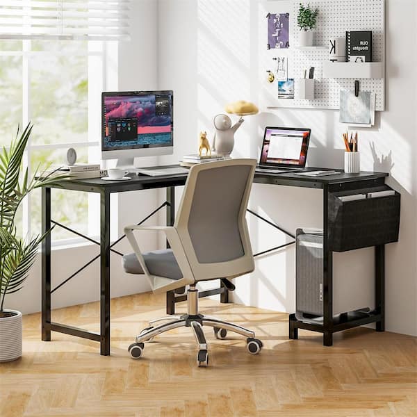 HONEY JOY 49.5 in. L-Shaped Dark Gray and Black Computer Desk Reversible with Side Storage Bag and Host Stand Metal Corner