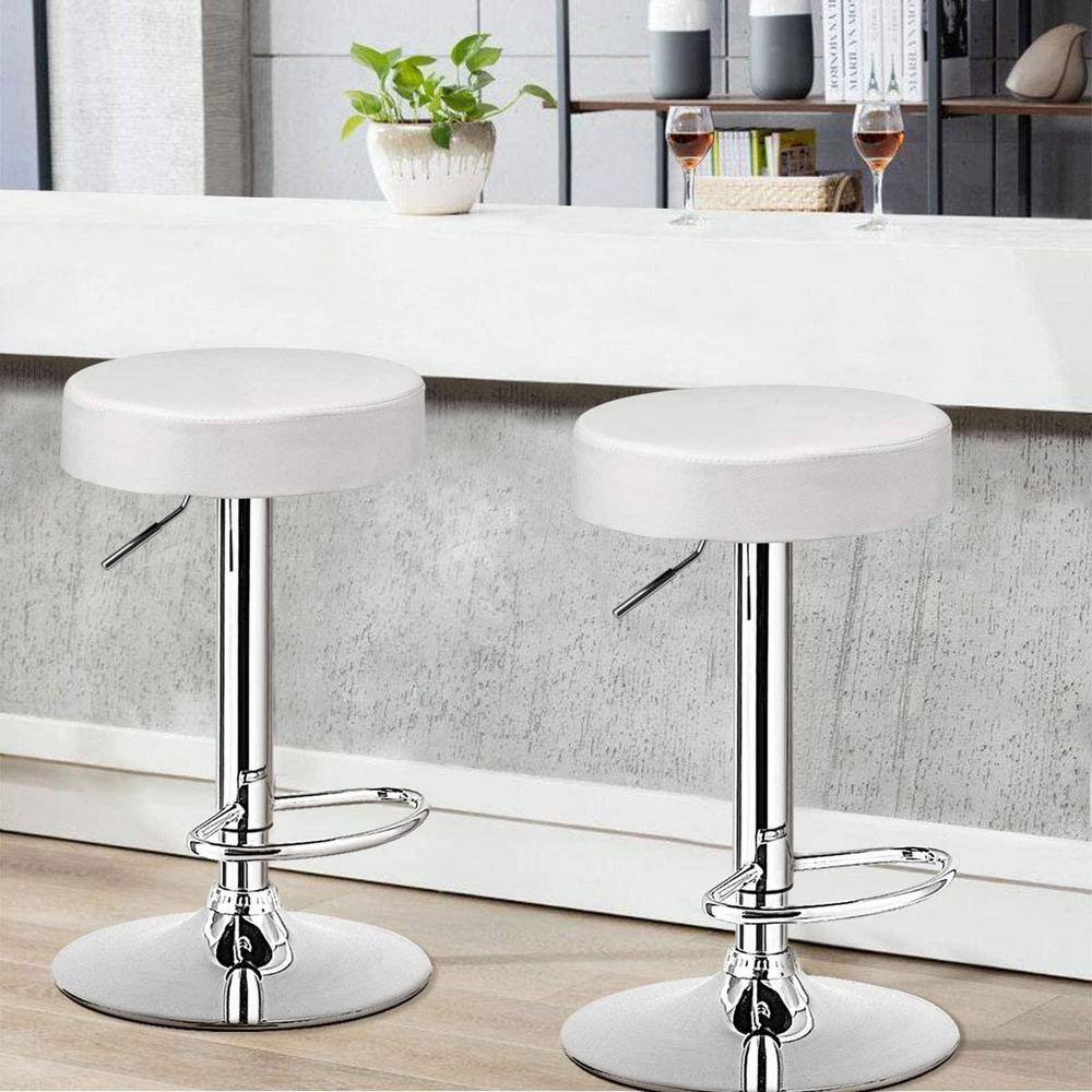 White Adjustable Swivel Backless Leather Bar Stools, Set of 2