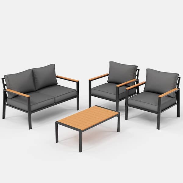 ELPOSUN Black 4-Piece Metal Outdoor Patio Conversation Deep Seating Set with Olefin Dark Gray Cushions, Loveseat, Coffee Table