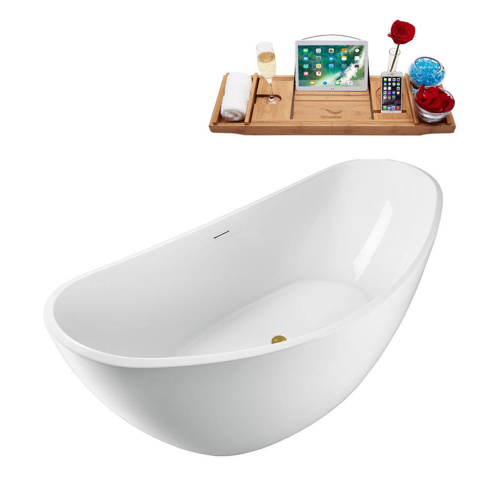 63'' Glossy White Acrylic Freestanding Soaking Tub with Brushed Gold Trim