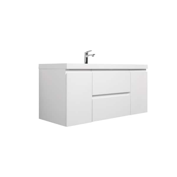 48 in. W Single Sink Floating Bath Vanity in Glossy White with White Solid Surface Sink Top