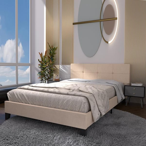 Seafuloy 80.7in.Lx94.5in.Wx35.3in.H Dark Wood Linen Tufted Upholstered Metal Bed with Nightstand 3 Piece Bedroom (Queen Size)