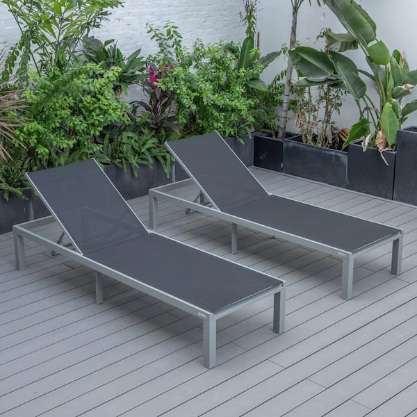 Leisuremod Marlin Modern Patio Chaise Lounge Chair with Grey Powder Coated Aluminum Frame Set of 2 (Black)