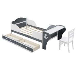 Gray Twin Size Boat-Shaped Kid Bed with 2-Drawers, Platform Bed with Desk and Chair for Bedroom