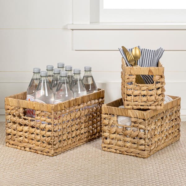 Hayden 13.78 in. x 7.87 in. Metal/Hyacinth Rectangular Nesting Decorative Baskets with Handles, Natural (Set of 3)