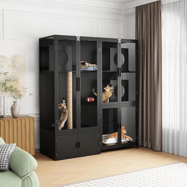 FUFU&GAGA Cat Litter Box Enclosure with Cat Tree Tower, Scratching Posts, Platform, Indoor Large Cat House Furniture with 8-Doors
