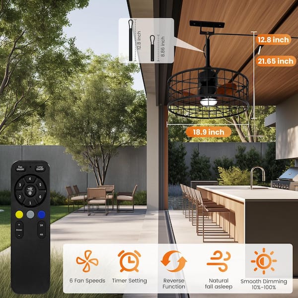 19 in. Indoor/Outdoor Black Waterproof Ceiling Fan with Lights, 6-Speed Remote Control, for Outside Porch, Pergola