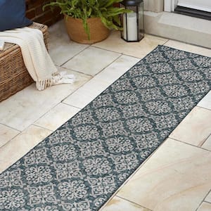 Amora Turquoise/Cream 2 ft. x 8 ft. Traditional Mediterranean Tile Design Indoor/Outdoor Runner Rug