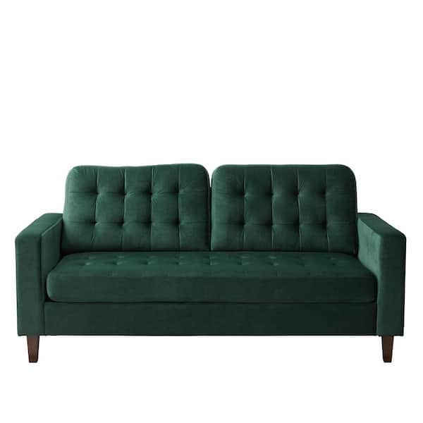 Brookside Brynn 76 in. Green Velvet Upholstered 3-Seat Square Arm Sofa with Removable Cushions and Buttonless Tufting